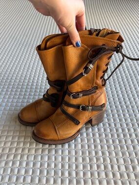 Freebird Cora Brown Leather Mid-Calf Heeled Buckle Lace-Up Boots